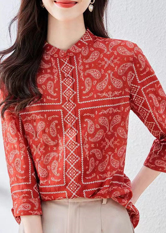 Unique Red Stand Collar Print Patchwork Silk Top Bracelet Sleeve TP1013 - fabuloryshop