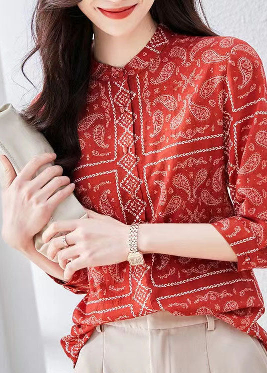 Unique Red Stand Collar Print Patchwork Silk Top Bracelet Sleeve TP1013 - fabuloryshop