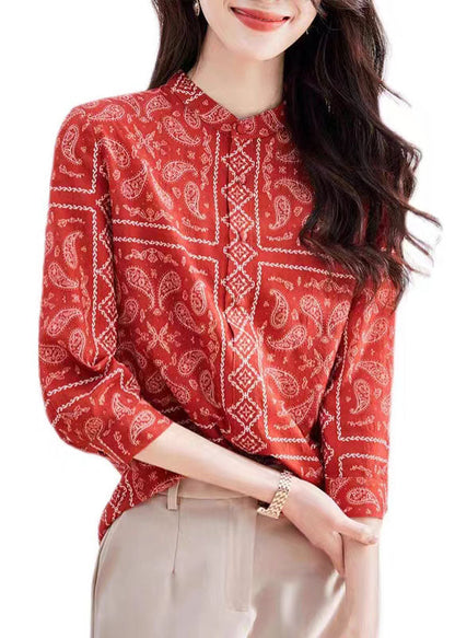 Unique Red Stand Collar Print Patchwork Silk Top Bracelet Sleeve TP1013 - fabuloryshop