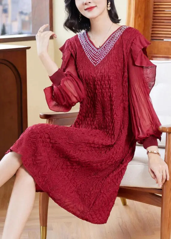 Unique Red V Neck Embroidered Ruffled Tulle Patchwork Zircon Mid Dresses Long Sleeve Ada Fashion