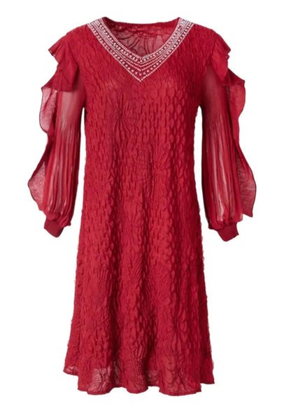 Unique Red V Neck Embroidered Ruffled Tulle Patchwork Zircon Mid Dresses Long Sleeve Ada Fashion