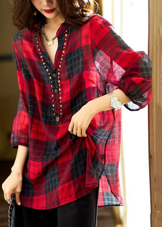 Unique Red V Neck Plaid Patchwork Chiffon Shirt Tops Spring LY2854