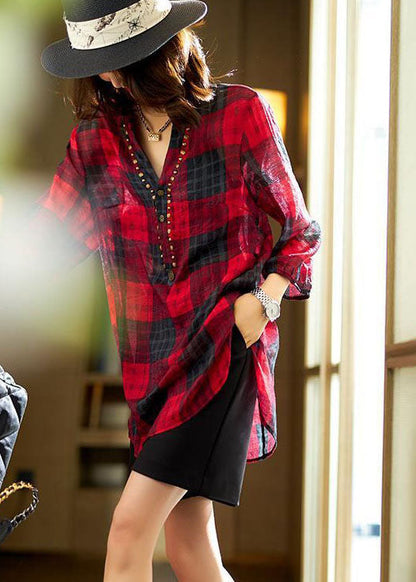 Unique Red V Neck Plaid Patchwork Chiffon Shirt Tops Spring LY2854 - fabuloryshop