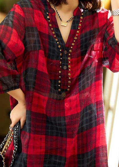 Unique Red V Neck Plaid Patchwork Chiffon Shirt Tops Spring LY2854 - fabuloryshop