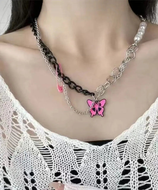Unique Rose Butterfly Patchwork Pearl Pendant Necklace Ada Fashion
