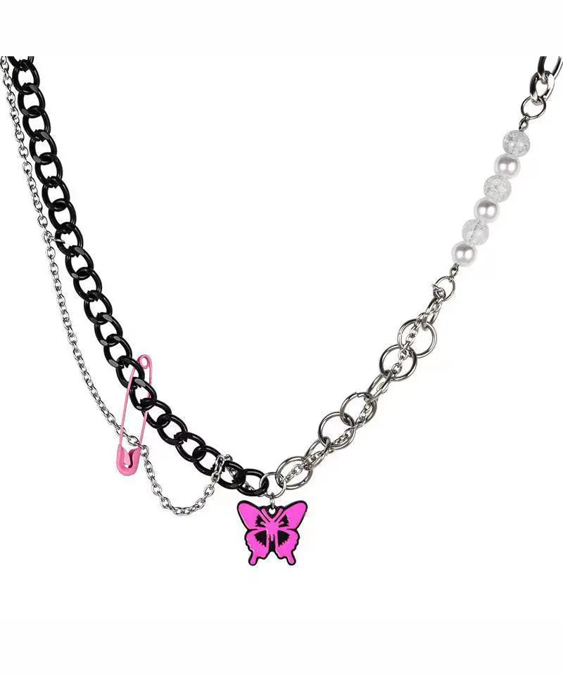 Unique Rose Butterfly Patchwork Pearl Pendant Necklace Ada Fashion