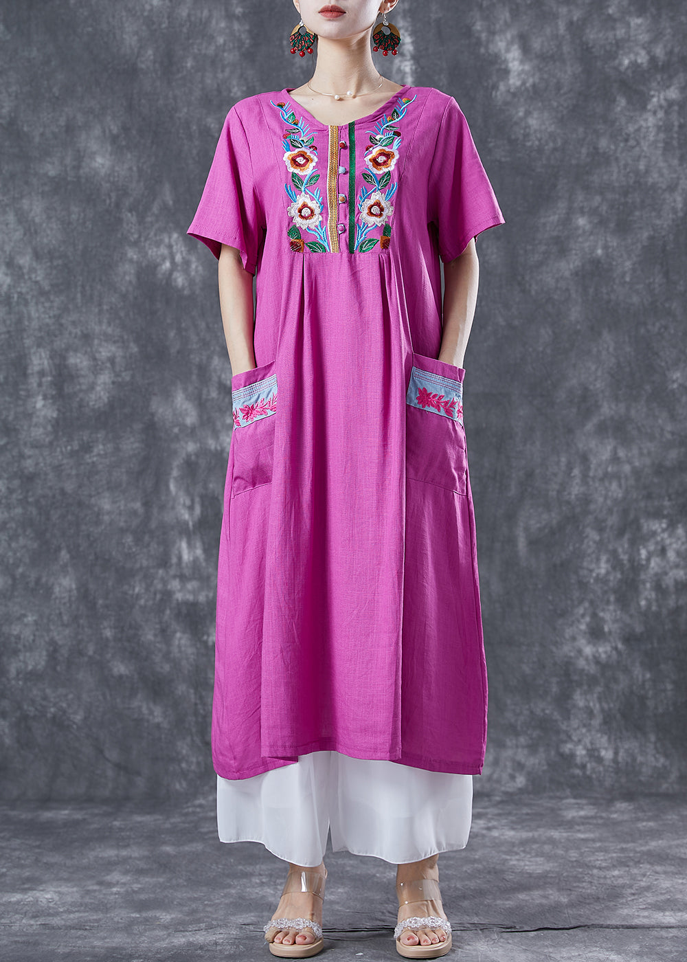 Unique Rose Embroideried Pockets Linen Holiday Dress Summer LY5630 - fabuloryshop