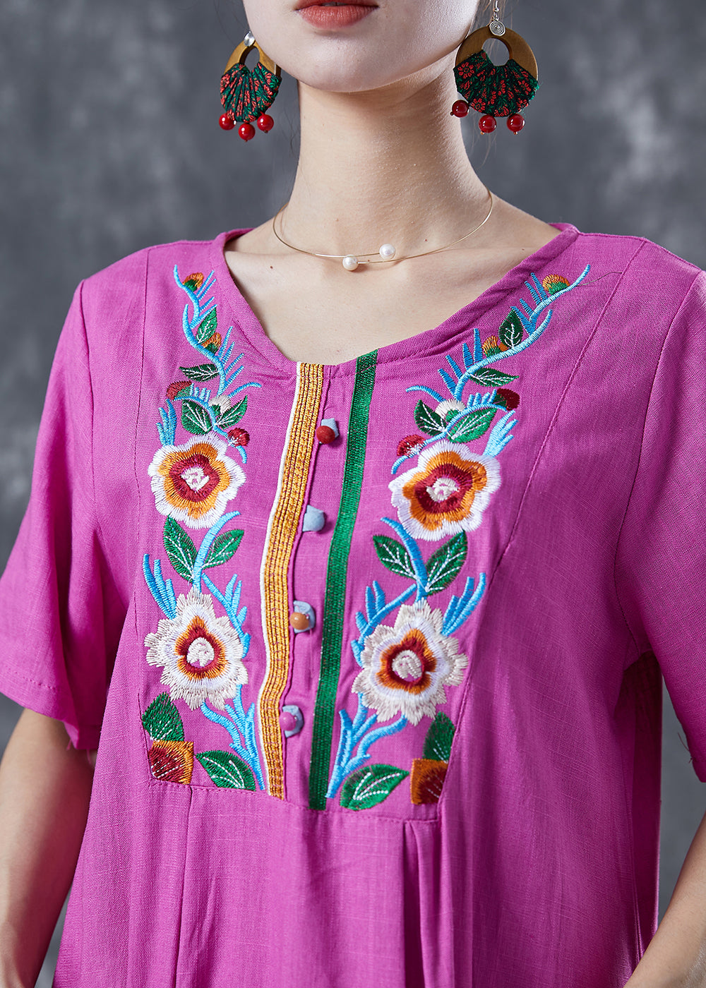 Unique Rose Embroideried Pockets Linen Holiday Dress Summer LY5630 - fabuloryshop