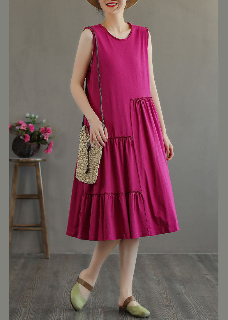 Unique Rose O-Neck Wrinkled Cotton Maxi Dresses Sleeveless TG1026 - fabuloryshop