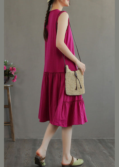 Unique Rose O-Neck Wrinkled Cotton Maxi Dresses Sleeveless TG1026 - fabuloryshop