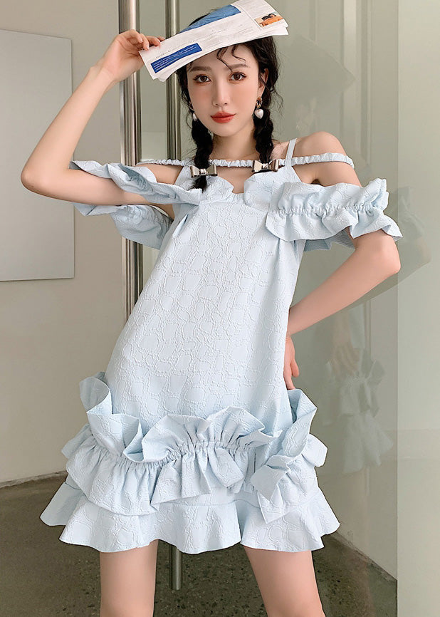 Unique Sky Blue Ruffled Jacquard Patchwork Cotton Holiday Dress Summer Ada Fashion