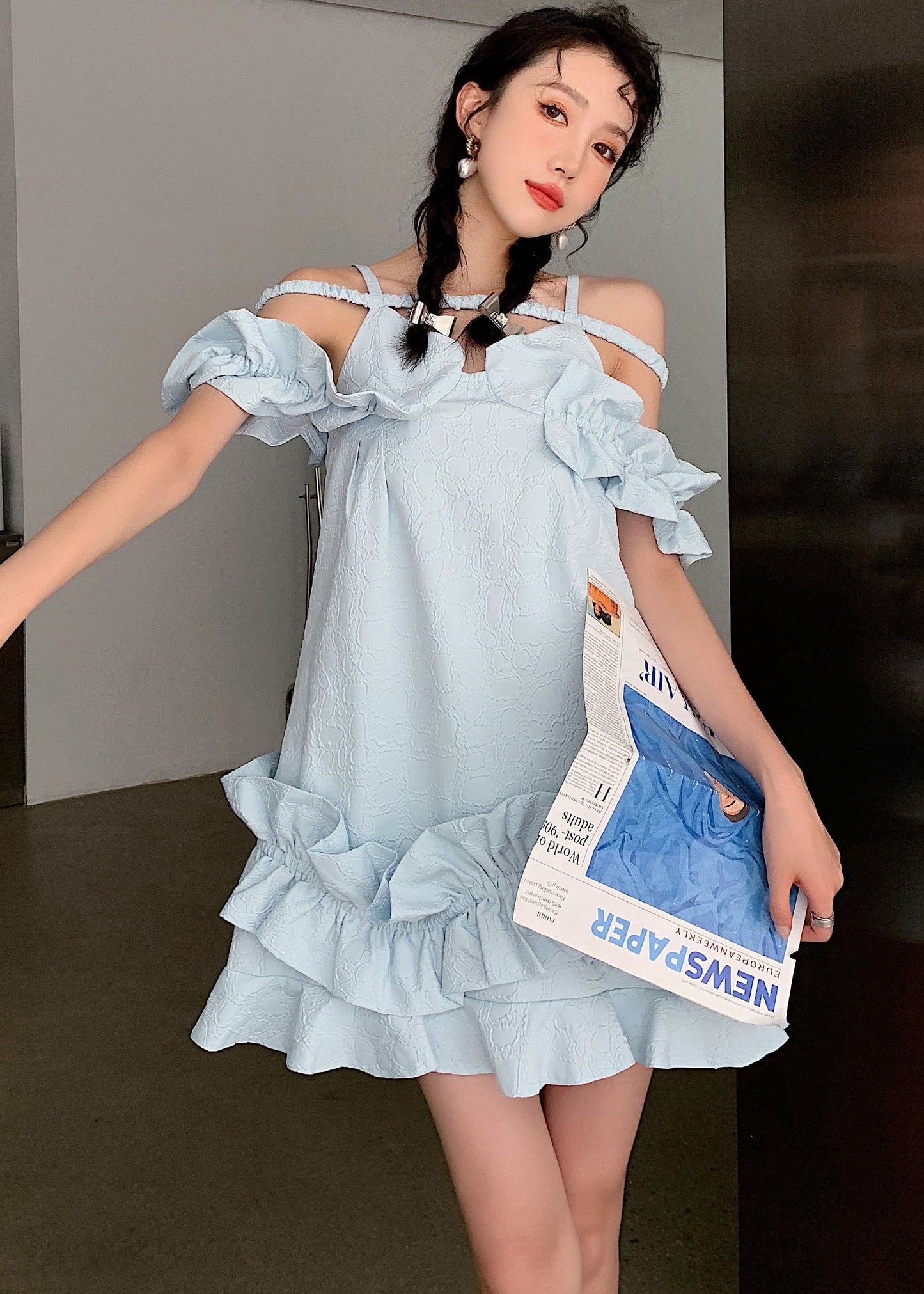 Unique Sky Blue Ruffled Jacquard Patchwork Cotton Holiday Dress Summer Ada Fashion