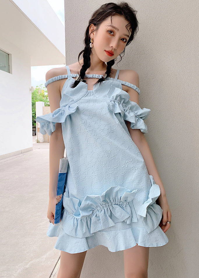 Unique Sky Blue Ruffled Jacquard Patchwork Cotton Holiday Dress Summer Ada Fashion