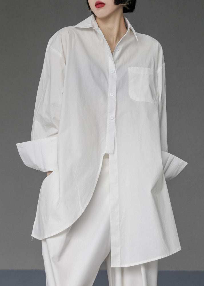 Unique White Asymmetrical Design Side Open Cotton Long Shirts Spring LY1500 - fabuloryshop