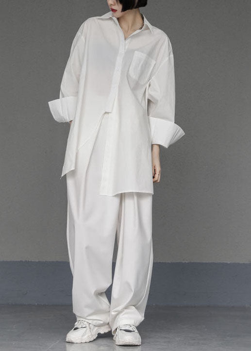 Unique White Asymmetrical Design Side Open Cotton Long Shirts Spring LY1500 - fabuloryshop