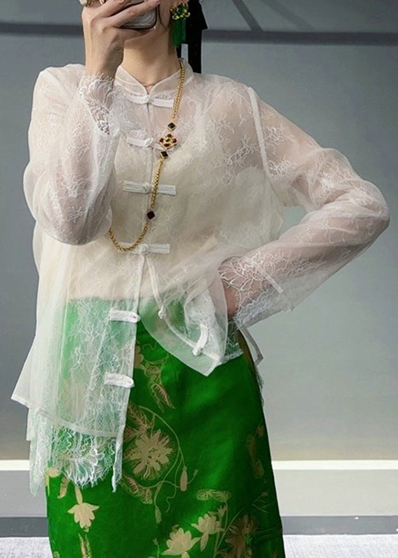 Unique White Button Lace Patchwork Tulle Shirt Fall Ada Fashion