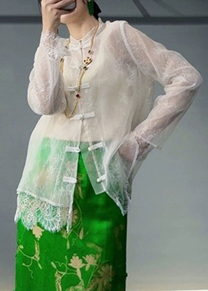 Unique White Button Lace Patchwork Tulle Shirt Fall Ada Fashion