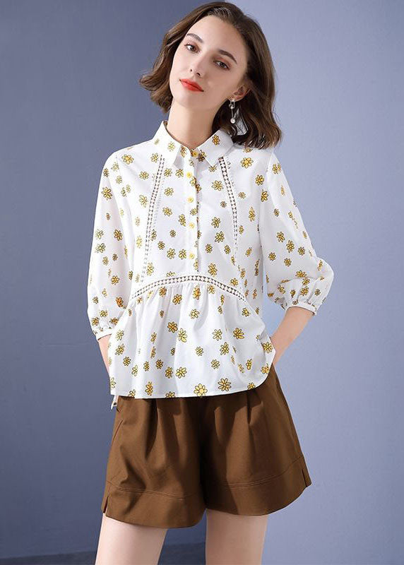 Unique White Hollow Out Patchwork Print Chiffon Blouse Tops Bracelet Sleeve LY0053 - fabuloryshop