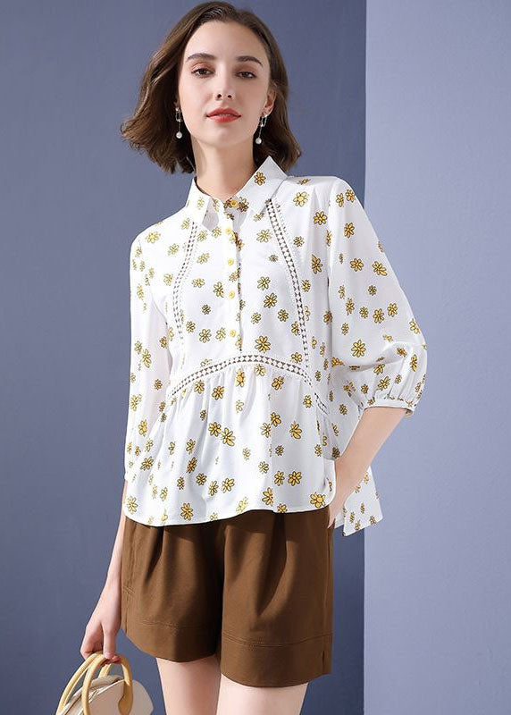 Unique White Hollow Out Patchwork Print Chiffon Blouse Tops Bracelet Sleeve LY0053 - fabuloryshop