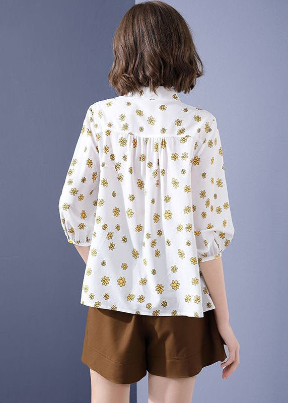 Unique White Hollow Out Patchwork Print Chiffon Blouse Tops Bracelet Sleeve LY0053 - fabuloryshop