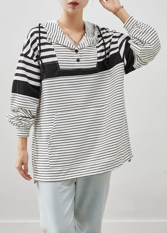 Unique White Oversized Striped Cotton Pullover Sweatshirt Fall Ada Fashion