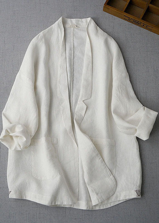 Unique White Peter Pan Collar Pockets Patchwork Linen Loose Coat Summer Ada Fashion