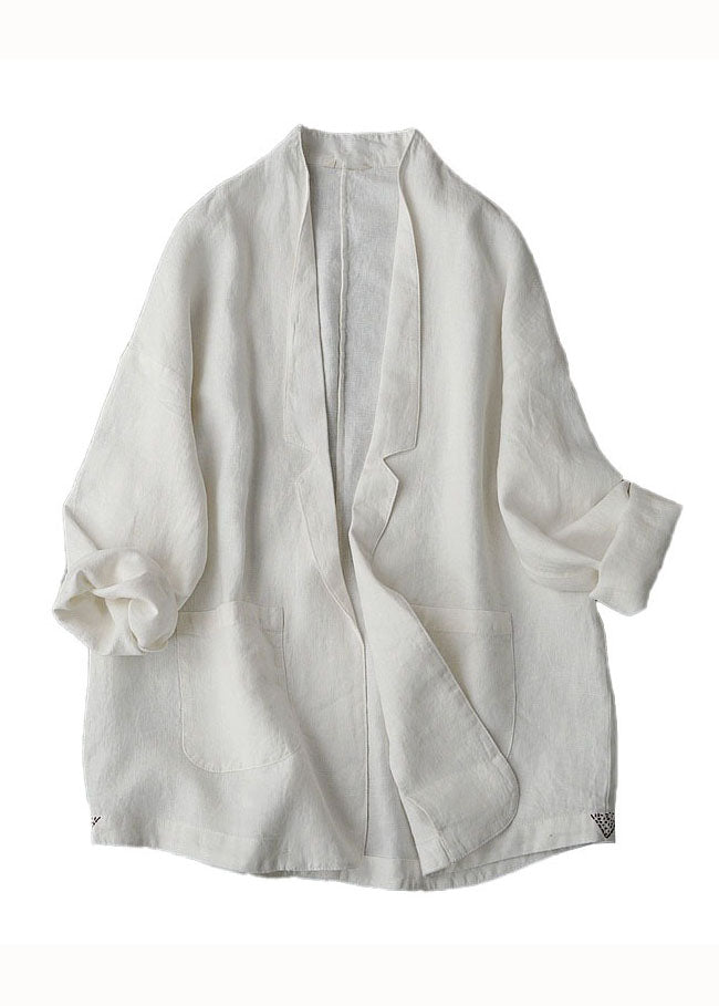 Unique White Peter Pan Collar Pockets Patchwork Linen Loose Coat Summer Ada Fashion