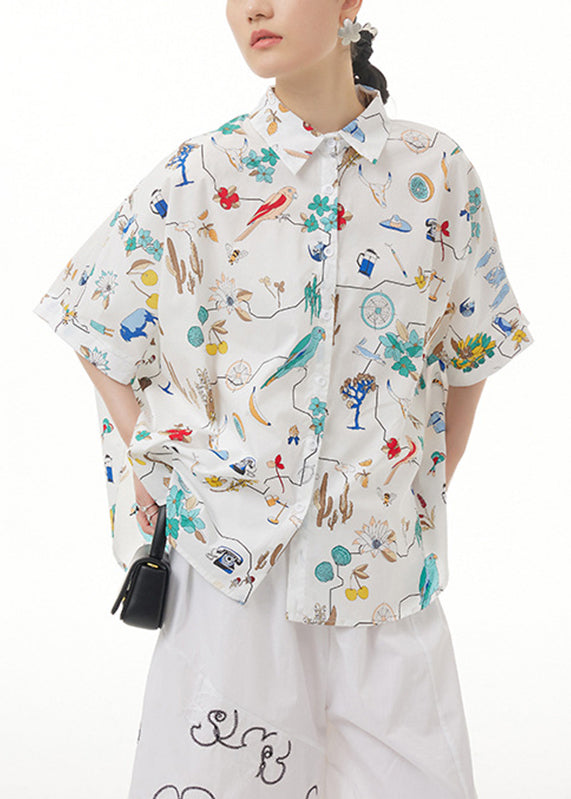 Unique White Peter Pan Collar Print Button Cotton Shirt Short Sleeve LY1204 - fabuloryshop