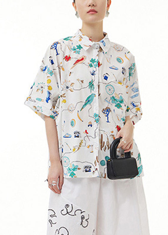 Unique White Peter Pan Collar Print Button Cotton Shirt Short Sleeve LY1204 - fabuloryshop