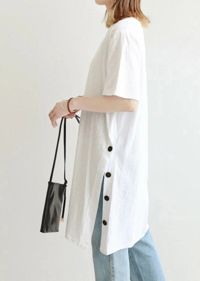 Unique White Side Open Cotton Long T Shirt Summer LY2105 - fabuloryshop