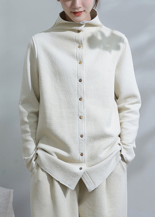 Unique White Stand Collar Button Patchwork Cotton Coats Fall Ada Fashion