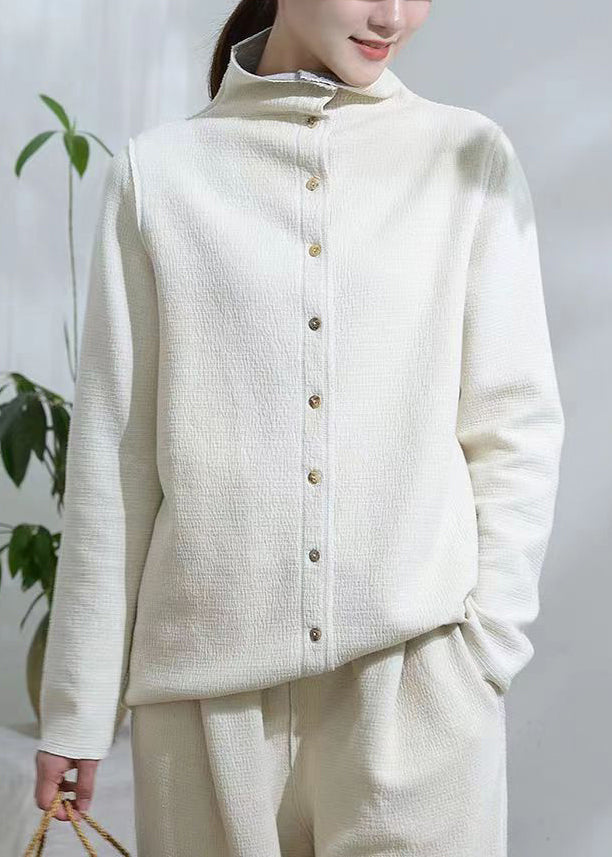 Unique White Stand Collar Button Patchwork Cotton Coats Fall Ada Fashion