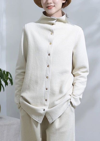 Unique White Stand Collar Button Patchwork Cotton Coats Fall Ada Fashion