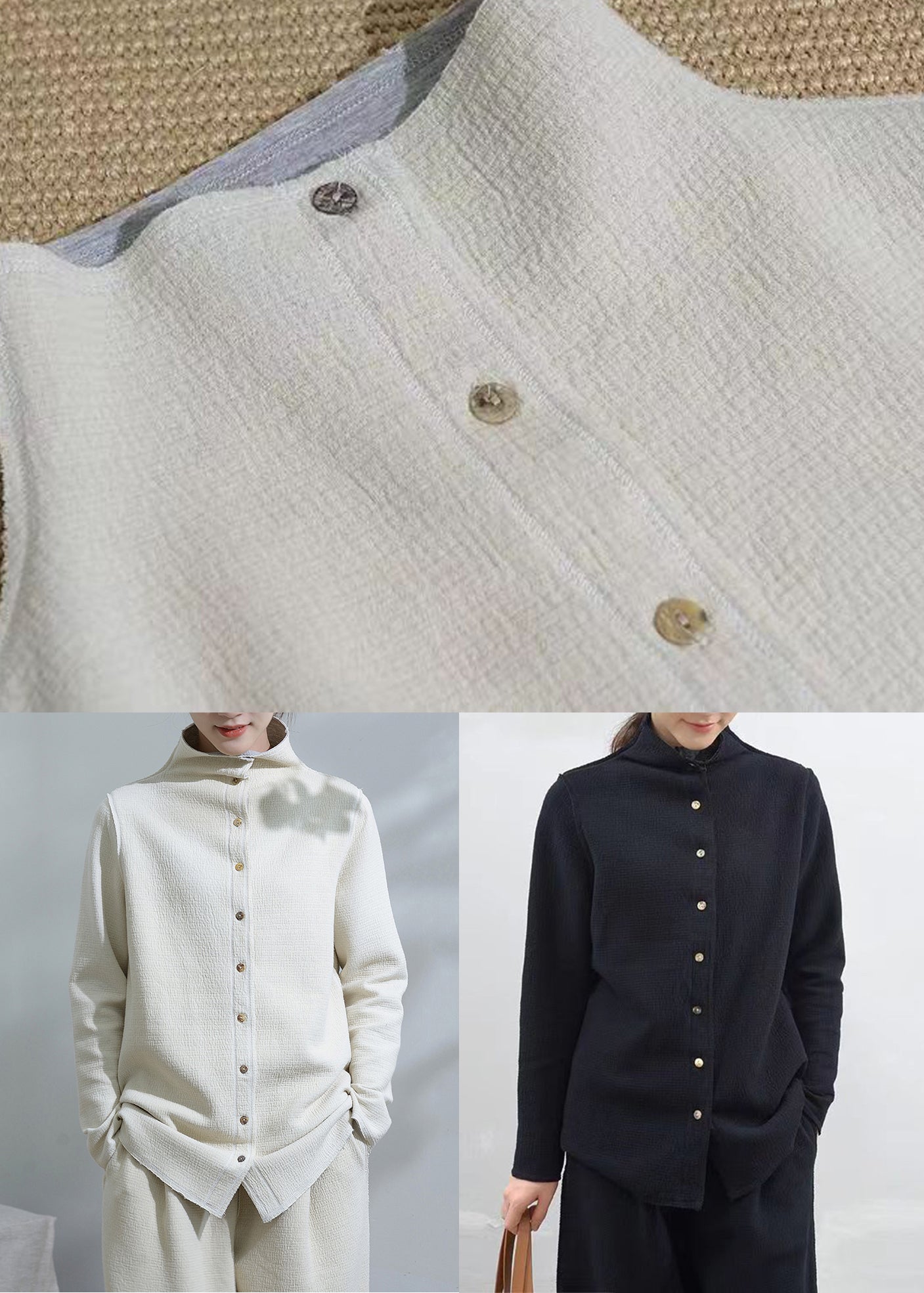 Unique White Stand Collar Button Patchwork Cotton Coats Fall Ada Fashion