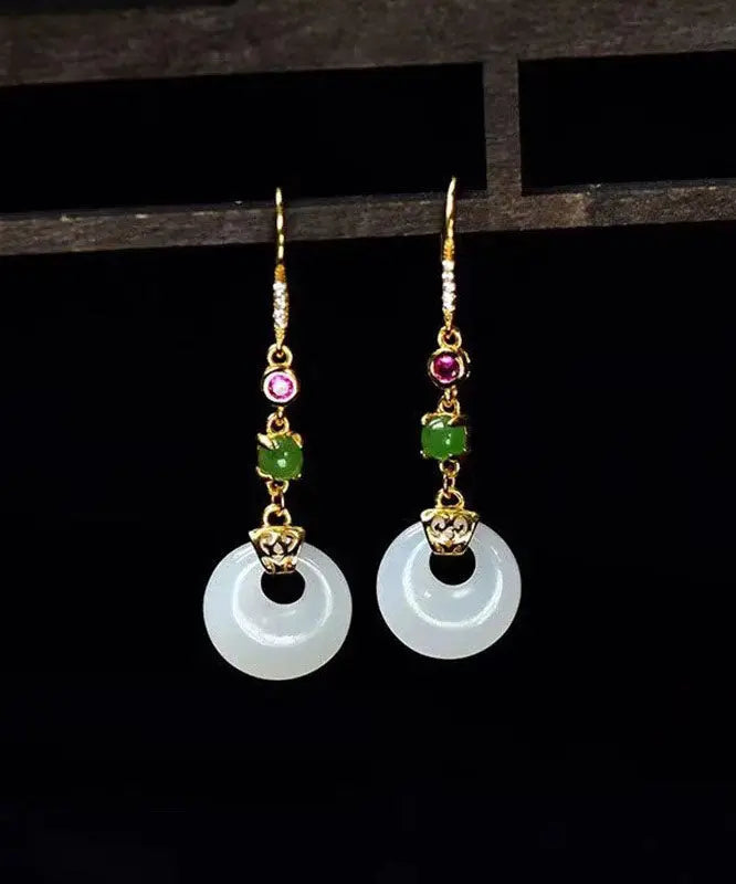 Unique White Sterling Silver Overgild Inlaid Jade Drop Earrings Ada Fashion