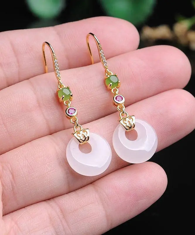 Unique White Sterling Silver Overgild Inlaid Jade Drop Earrings Ada Fashion