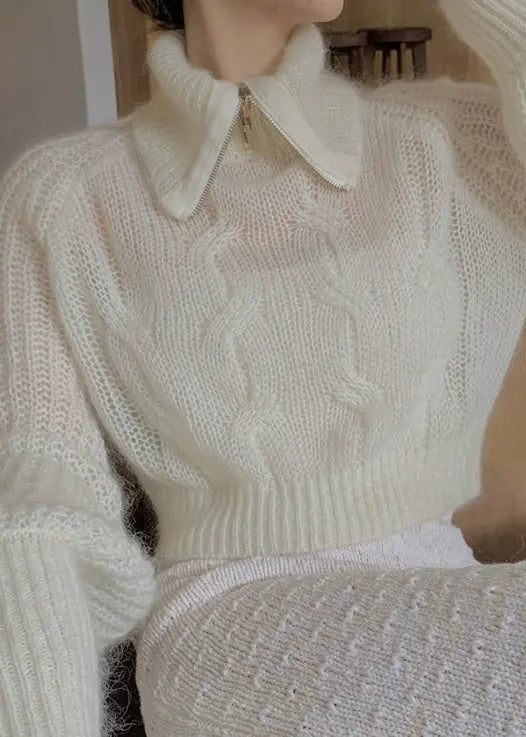 Unique White Zippered Hole  Cotton Knit Top Fall Ada Fashion