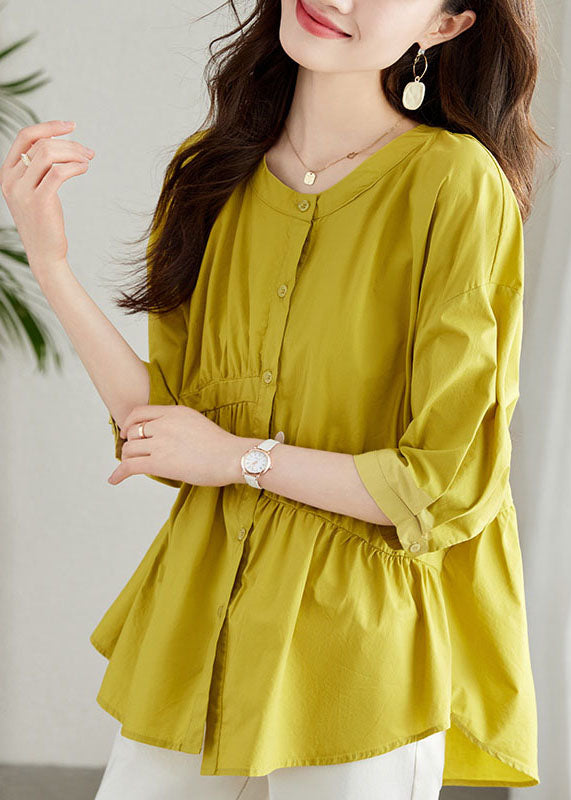 Unique Yellow Button Wrinkled Patchwork Cotton Shirts Summer Ada Fashion