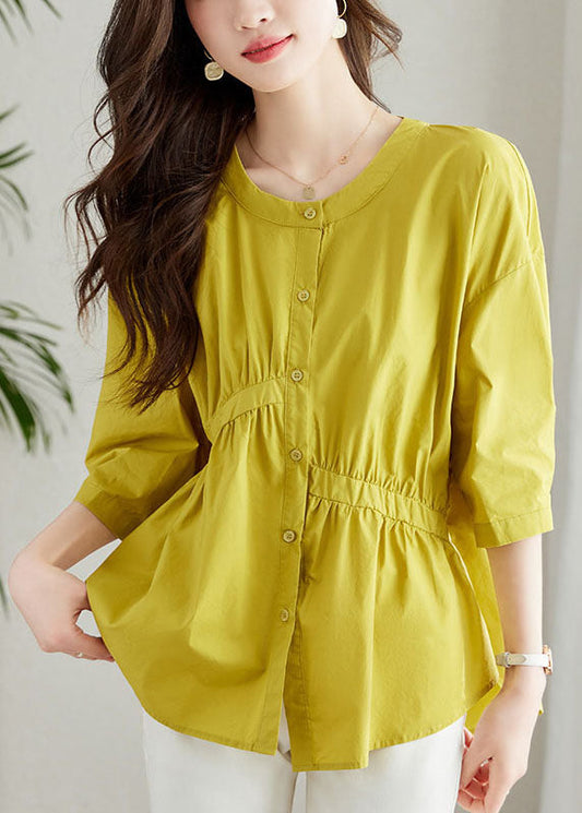 Unique Yellow Button Wrinkled Patchwork Cotton Shirts Summer TQ1042 - fabuloryshop