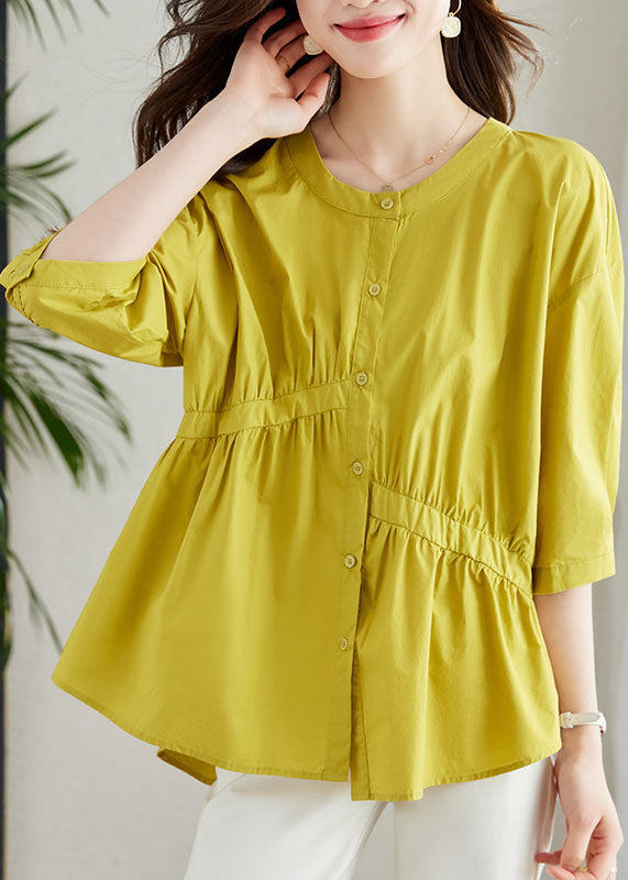 Unique Yellow Button Wrinkled Patchwork Cotton Shirts Summer Ada Fashion