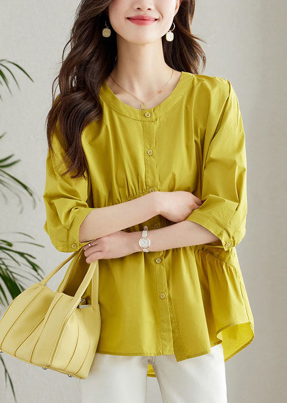 Unique Yellow Button Wrinkled Patchwork Cotton Shirts Summer Ada Fashion