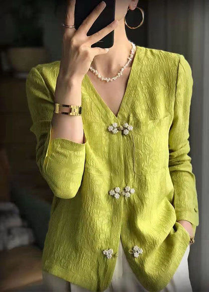 Unique Yellow Green V Neck Jacquard Patchwork Silk Shirts Spring LY1720 - fabuloryshop