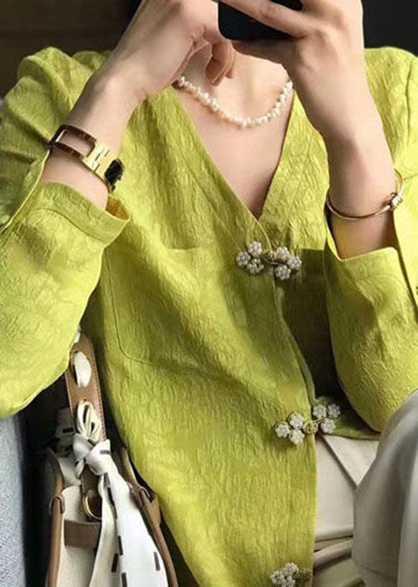 Unique Yellow Green V Neck Jacquard Patchwork Silk Shirts Spring LY1720 - fabuloryshop