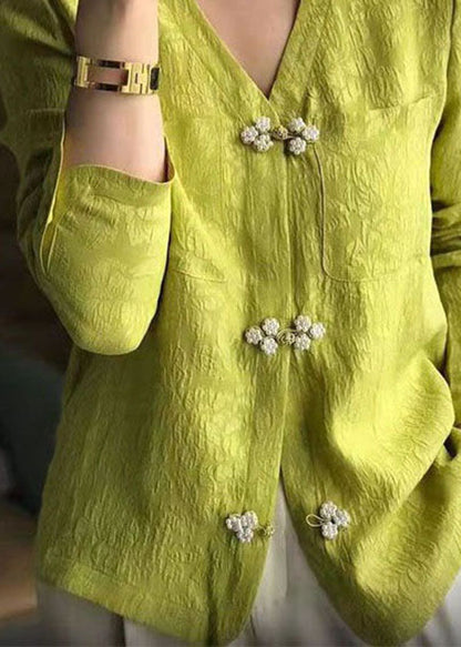 Unique Yellow Green V Neck Jacquard Patchwork Silk Shirts Spring LY1720 - fabuloryshop