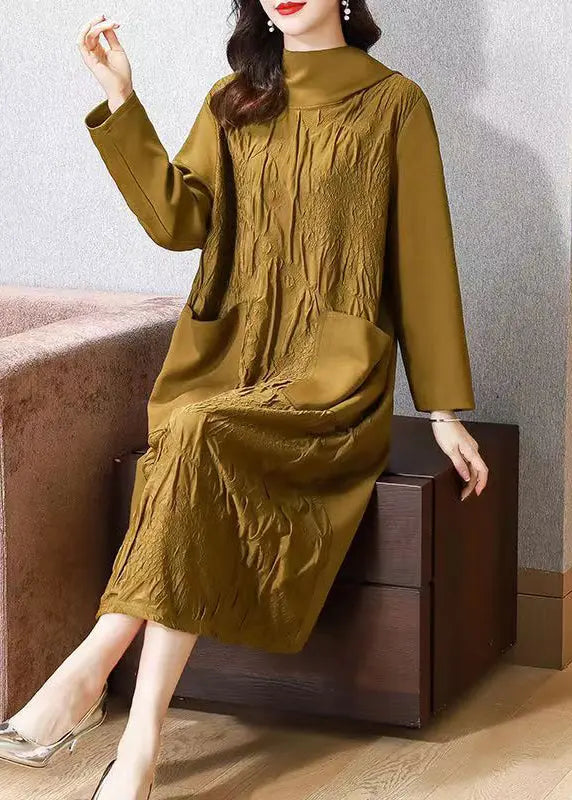 Unique Yellow Hooded Pockets Patchwork Cotton Long Dress Fall Ada Fashion