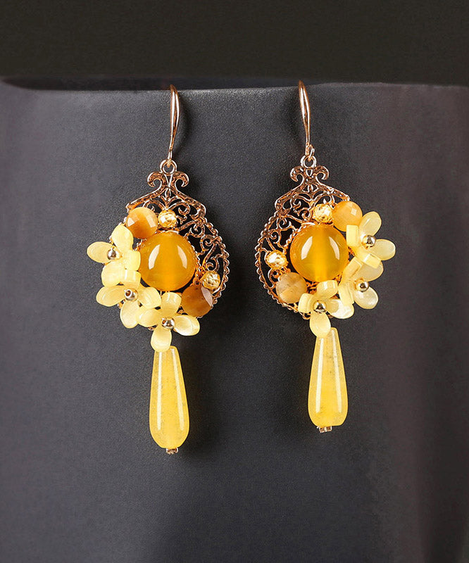 Unique Yellow Jade Sterling Silver Yellow Agate Floral Drop Earrings LY2053 - fabuloryshop