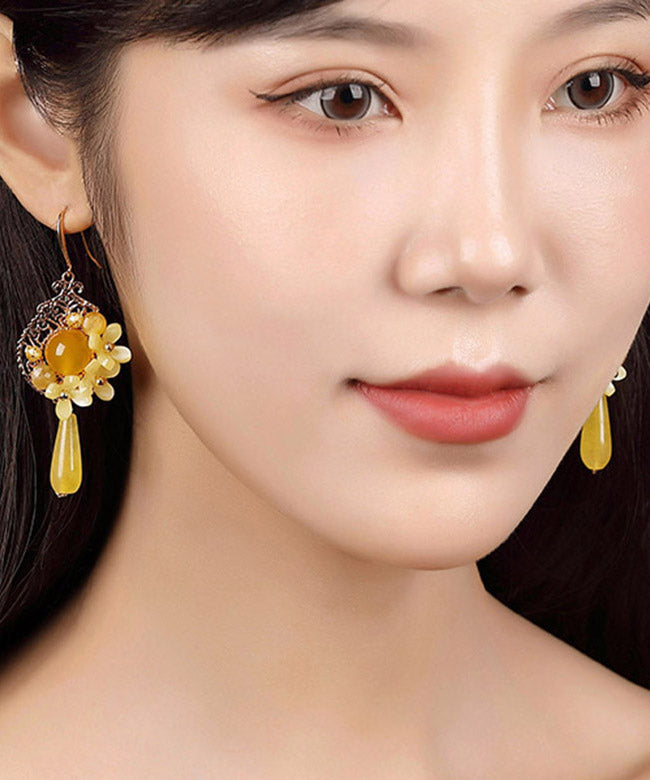 Unique Yellow Jade Sterling Silver Yellow Agate Floral Drop Earrings LY2053 - fabuloryshop