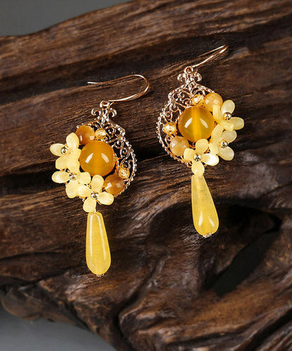 Unique Yellow Jade Sterling Silver Yellow Agate Floral Drop Earrings LY2053 - fabuloryshop