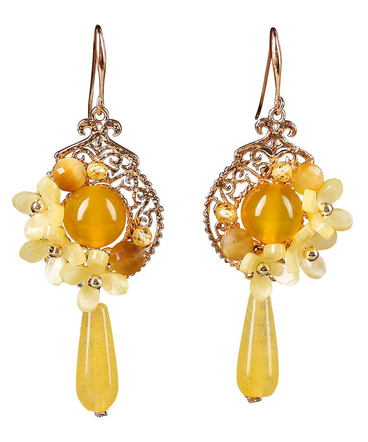 Unique Yellow Jade Sterling Silver Yellow Agate Floral Drop Earrings LY2053 - fabuloryshop