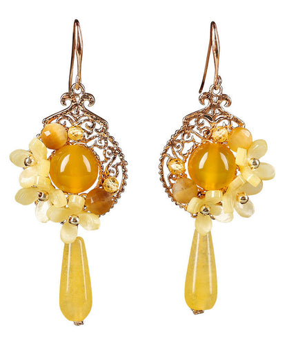 Unique Yellow Jade Sterling Silver Yellow Agate Floral Drop Earrings LY2053 - fabuloryshop